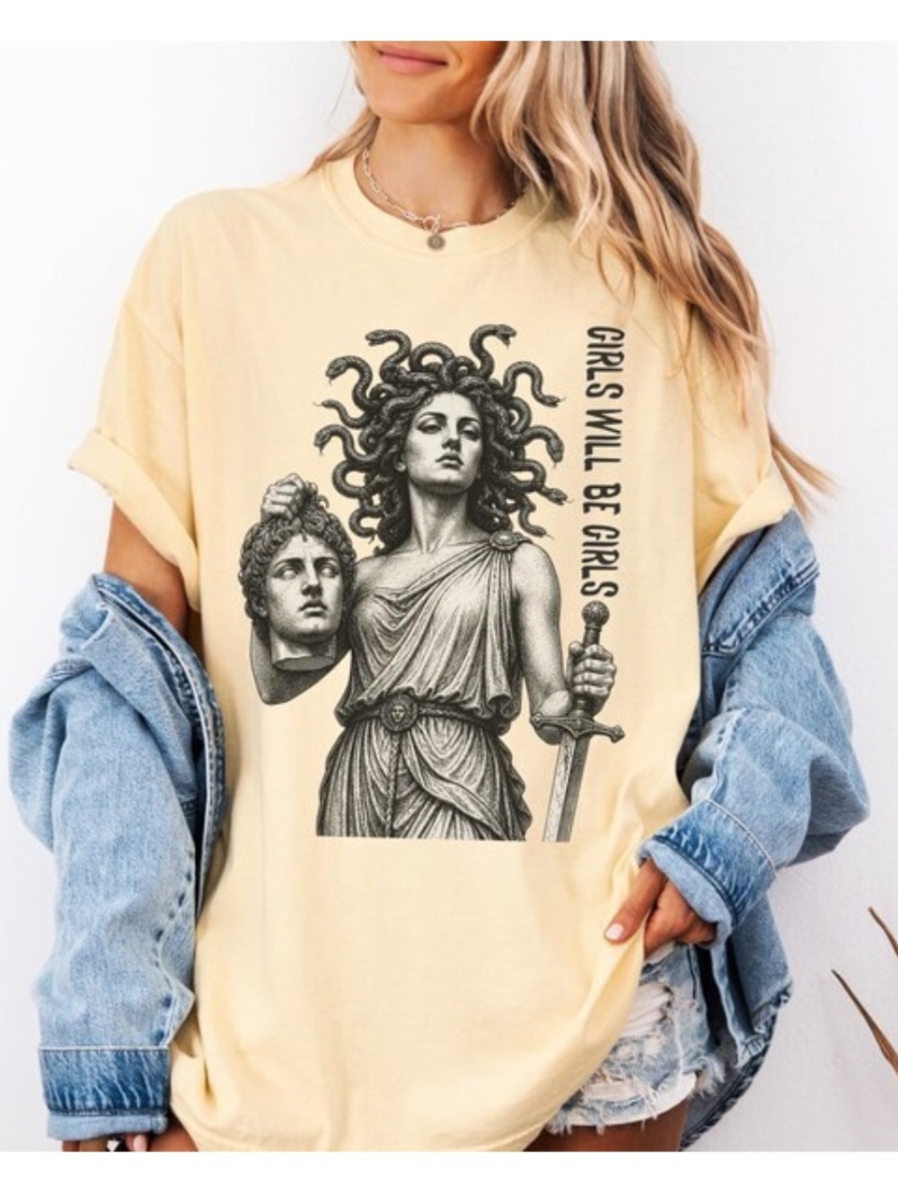 Girls Will Be Girls Medusa Graphic Tee, Comfort Butter Color, Vintage 90s Style